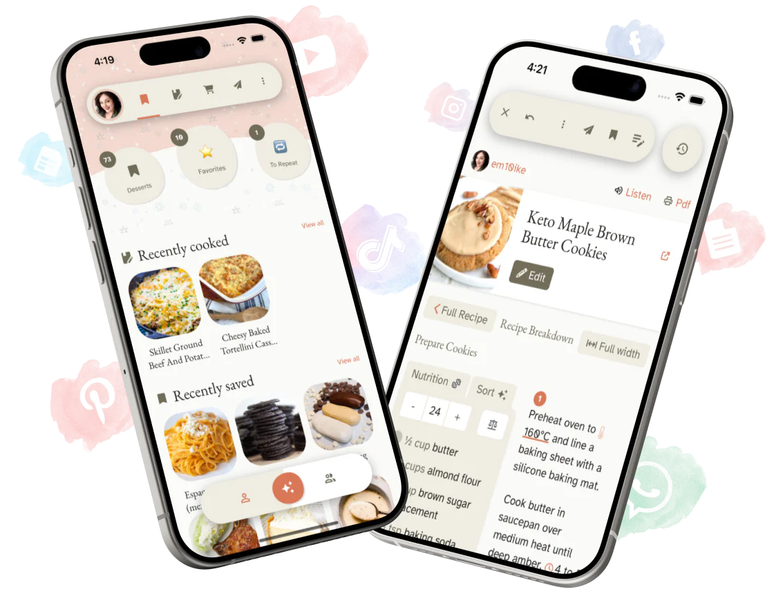 Cooked app interface showing recipe transformation from cluttered webpage to clean format